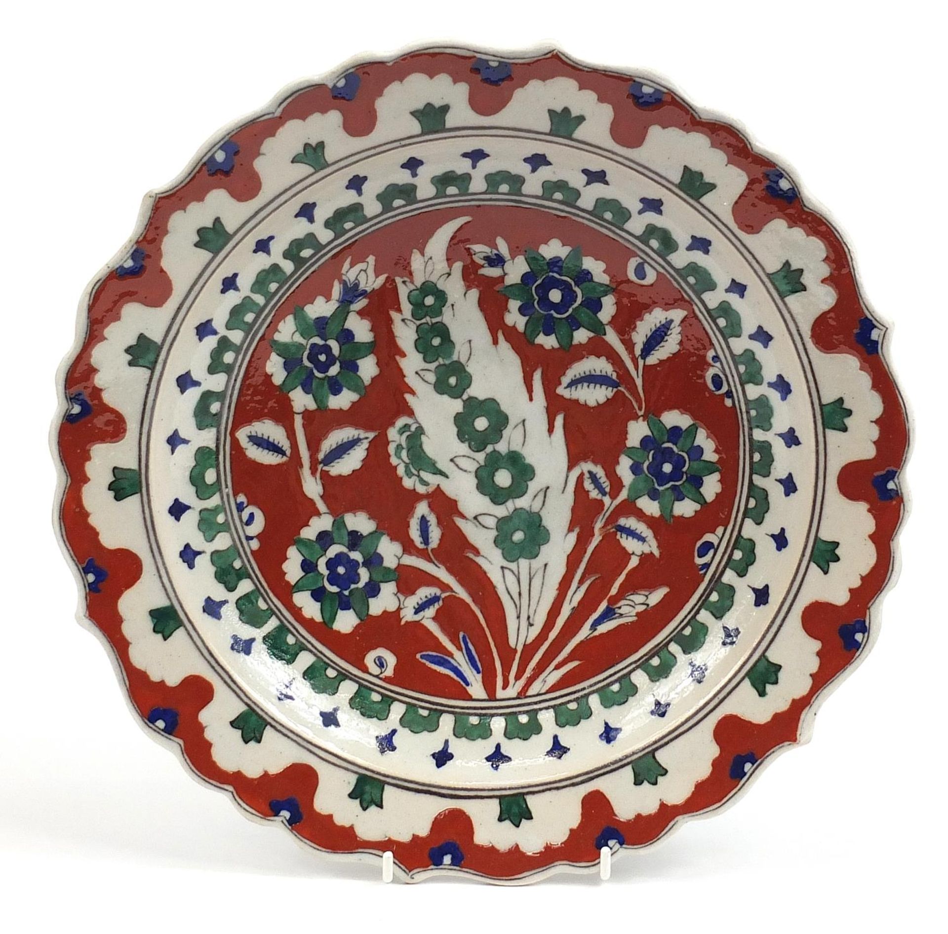 Turkish Iznik pottery plate hand painted with flowers, 32cm in diameter