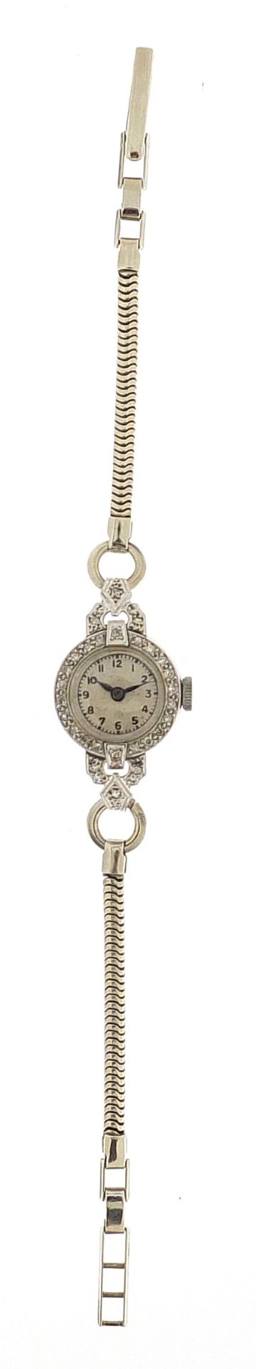 Art Deco ladies 18ct white gold and platinum diamond cocktail watch with white metal strap, 17mm - Image 2 of 8