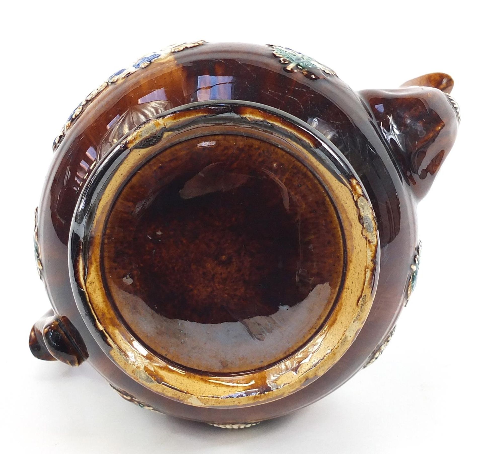 Large Measham treacle glazed Bargeware teapot inscribed J Johnson Burton on Trent 1892, 33cm high - Image 3 of 3
