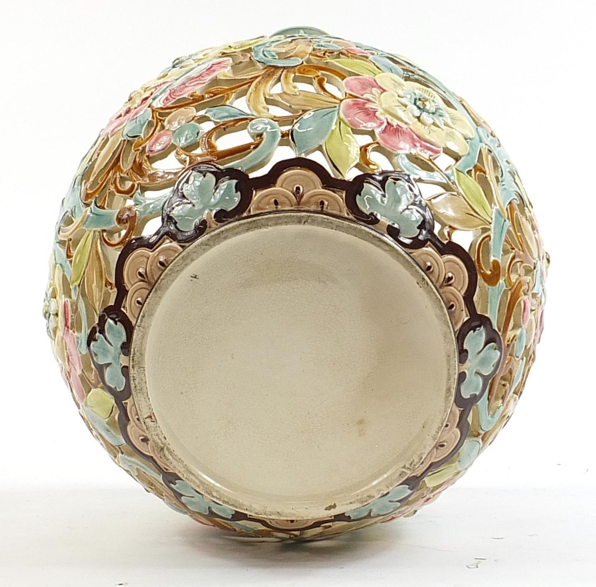 Continental pierced porcelain flower pot jardiniere in the style of Zsolnay Pecs, 35.5cm high x 35. - Image 3 of 3