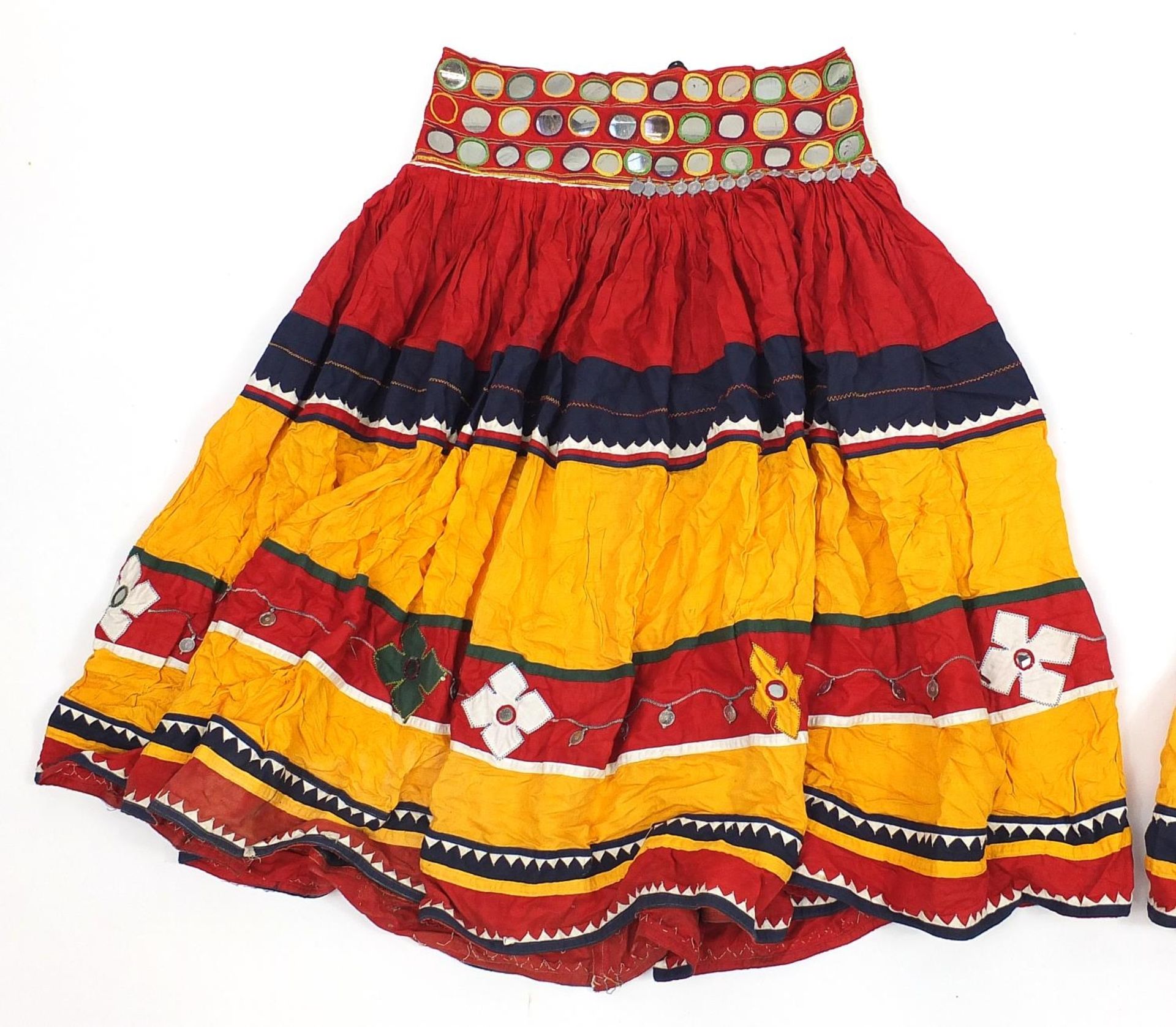Two Middle Eastern or Indian mirrored embroidered skirts, possibly Banjara tribe, each 83cm high - Image 2 of 5