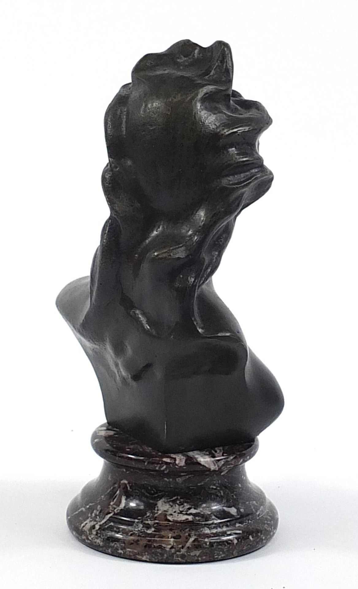 Patinated bronze bust of a nude Art Nouveau female raised on a variegated marble base, 25cm high - Image 2 of 3