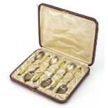 Set of six Norwegian silver gilt and enamel teaspoons, housed in a Tiffany & Co fitted case, 105cm