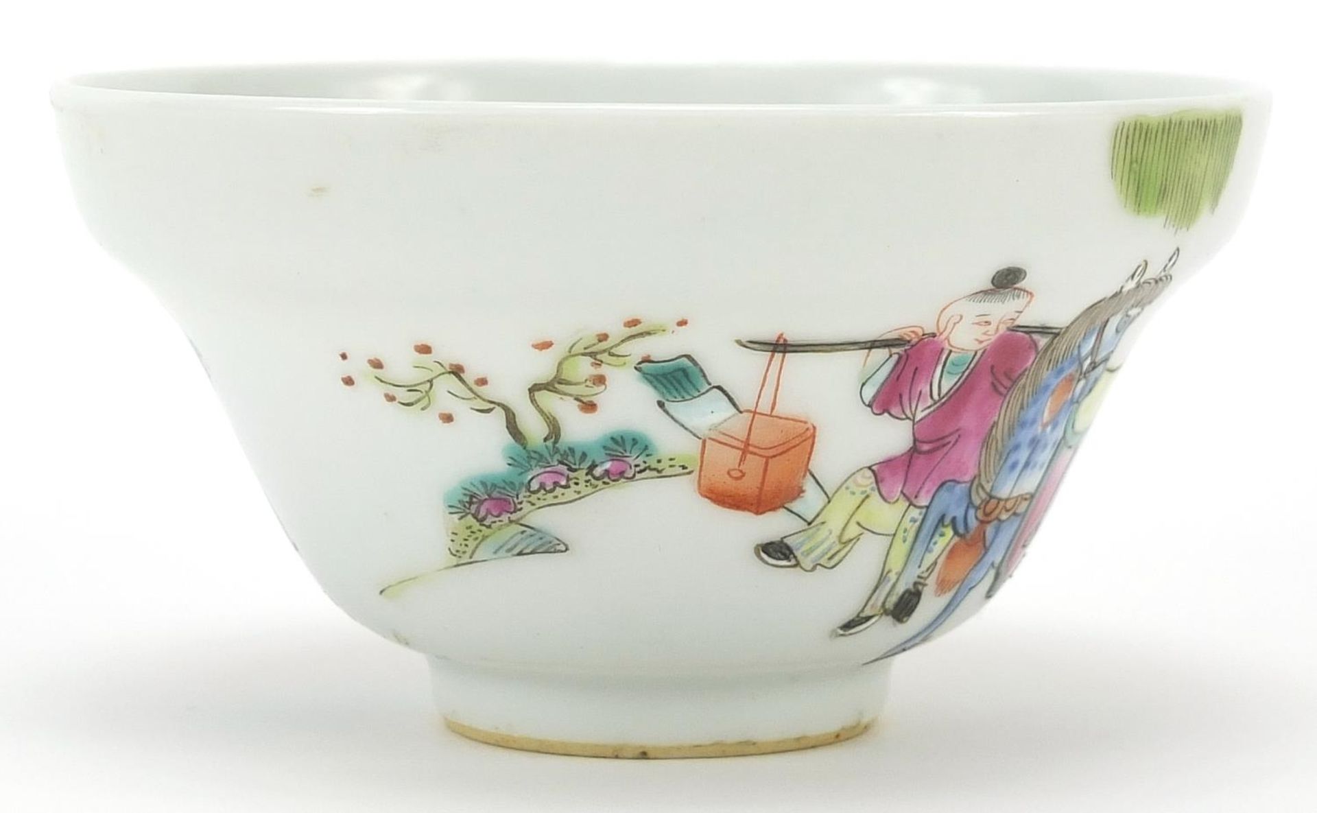 Chinese porcelain bowl hand painted in the famille rose palette with figures in a palace setting, - Image 2 of 3