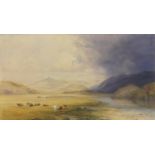 Mountainous landscape with cattle beside water, 19th century watercolour on card, inscribed in