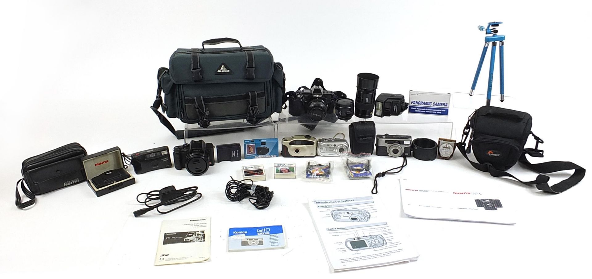Vintage and later cameras, lenses and accessories including Minolta 7000 and Panasonic Lumix DMC-