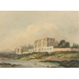 Thomas Girtin - River before a stately home, Georgian watercolour on paper, signed T Girtin,