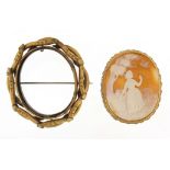 9ct gold mounted cameo brooch depicting a maiden with a bird under a tree and a large gilt metal
