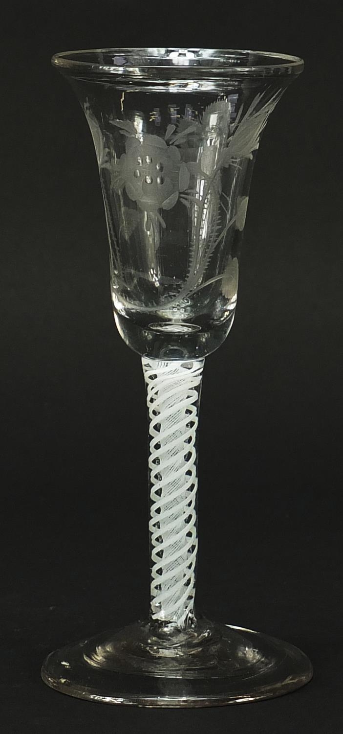 18th century wine glass with etched bell shaped bowl and multiple opaque twist stem, 16cm high