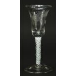 18th century wine glass with etched bell shaped bowl and multiple opaque twist stem, 16cm high