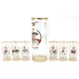 Henry VIII and six wives design lemonade jug and six glasses, the largest 30.5cm high