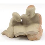 Zimbabwean stone sculpture of a mother reading to her child, engraved I Mhondoro, approximately 46cm