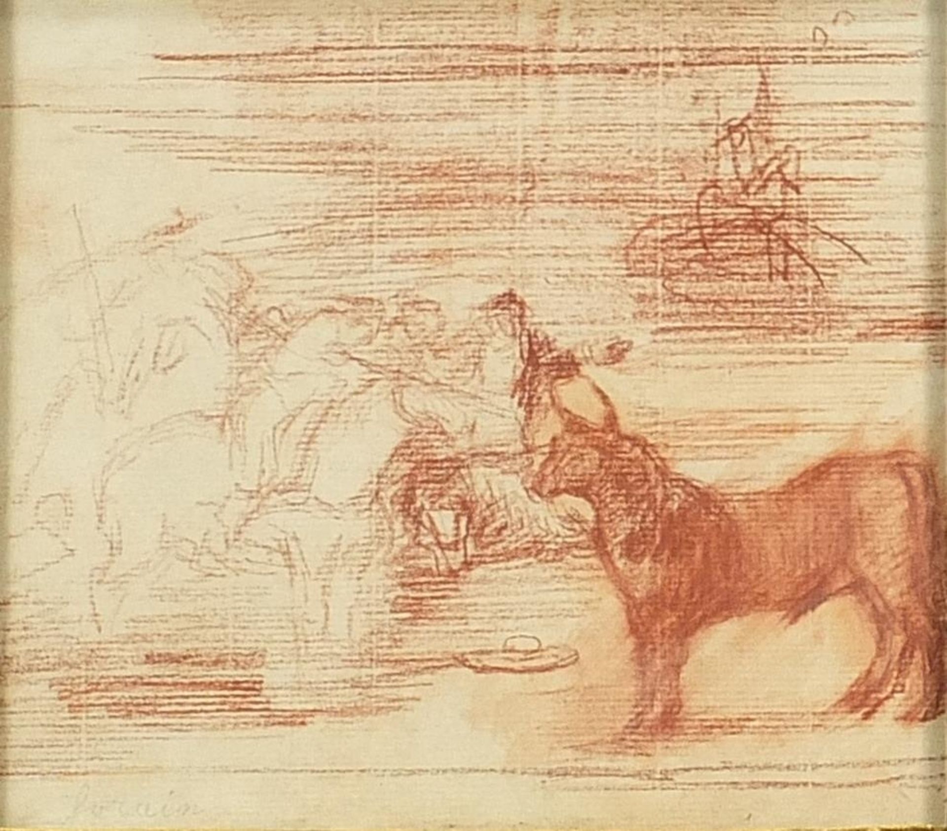 Figures on horseback and figures fighting, two sanguine chalks, one signed Forian, mounted and - Image 5 of 8