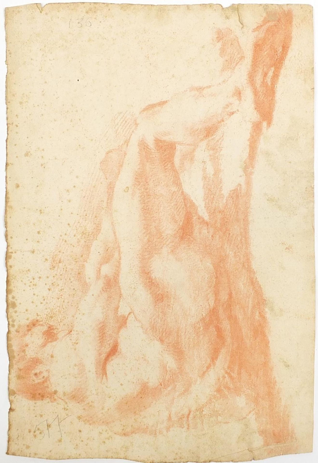 Seated nude man and study of a hand, two sanguine chalk drawings, unframed, the largest 43cm x 28cm - Image 7 of 7