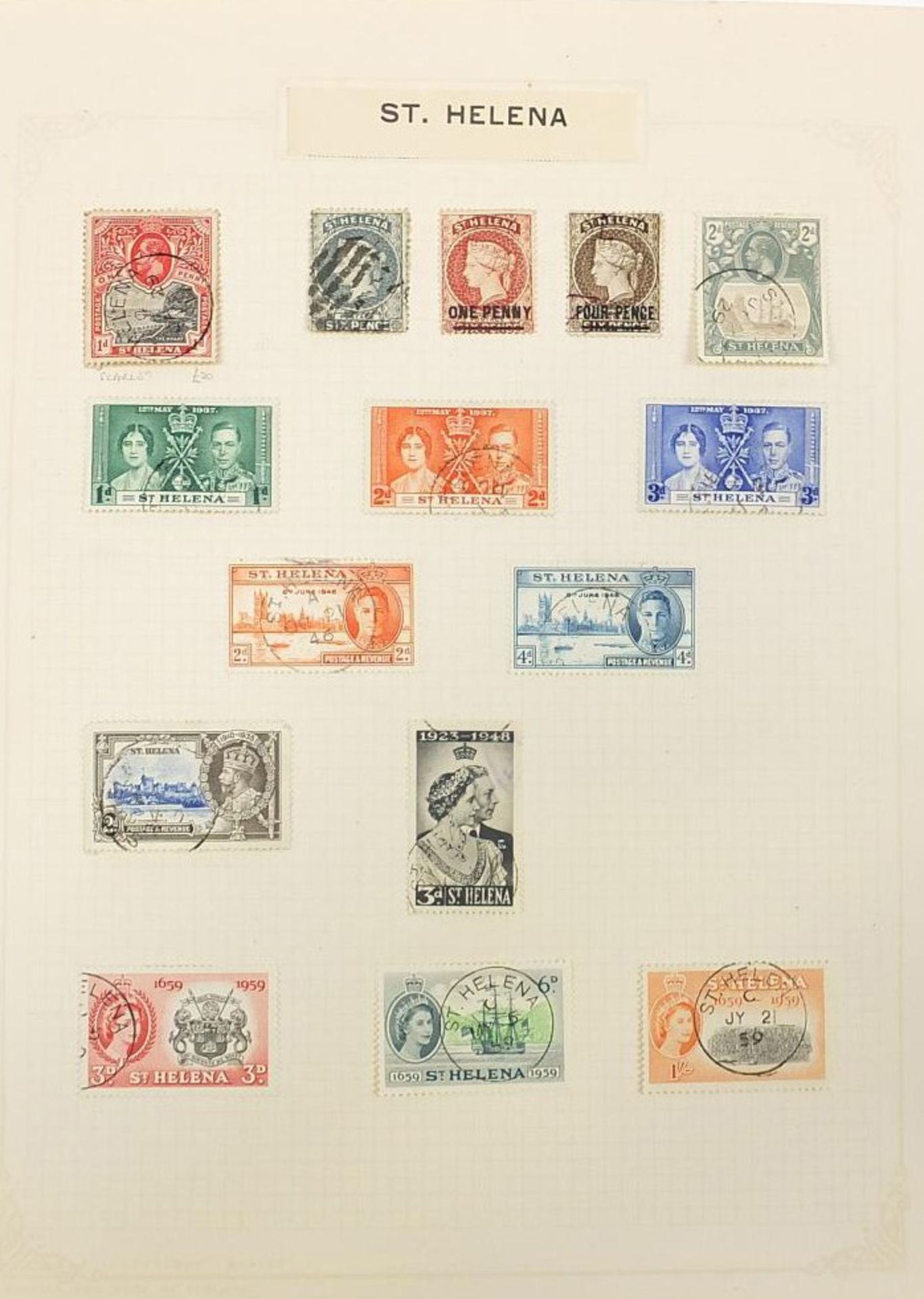 Commonwealth stamps from Saint Helena, Saint Kitts & Nevis and Saint Lucia arranged on several pages