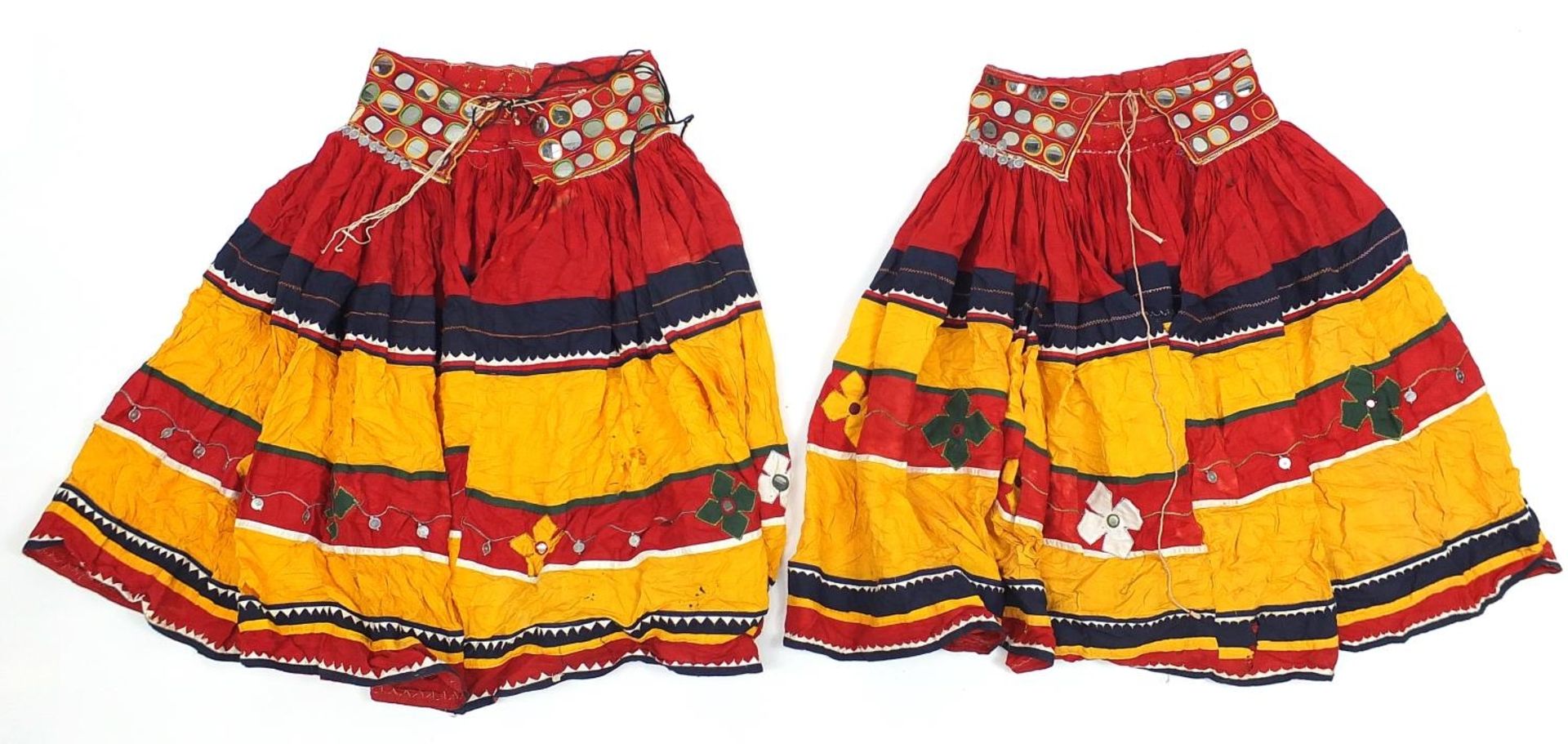 Two Middle Eastern or Indian mirrored embroidered skirts, possibly Banjara tribe, each 83cm high - Image 5 of 5