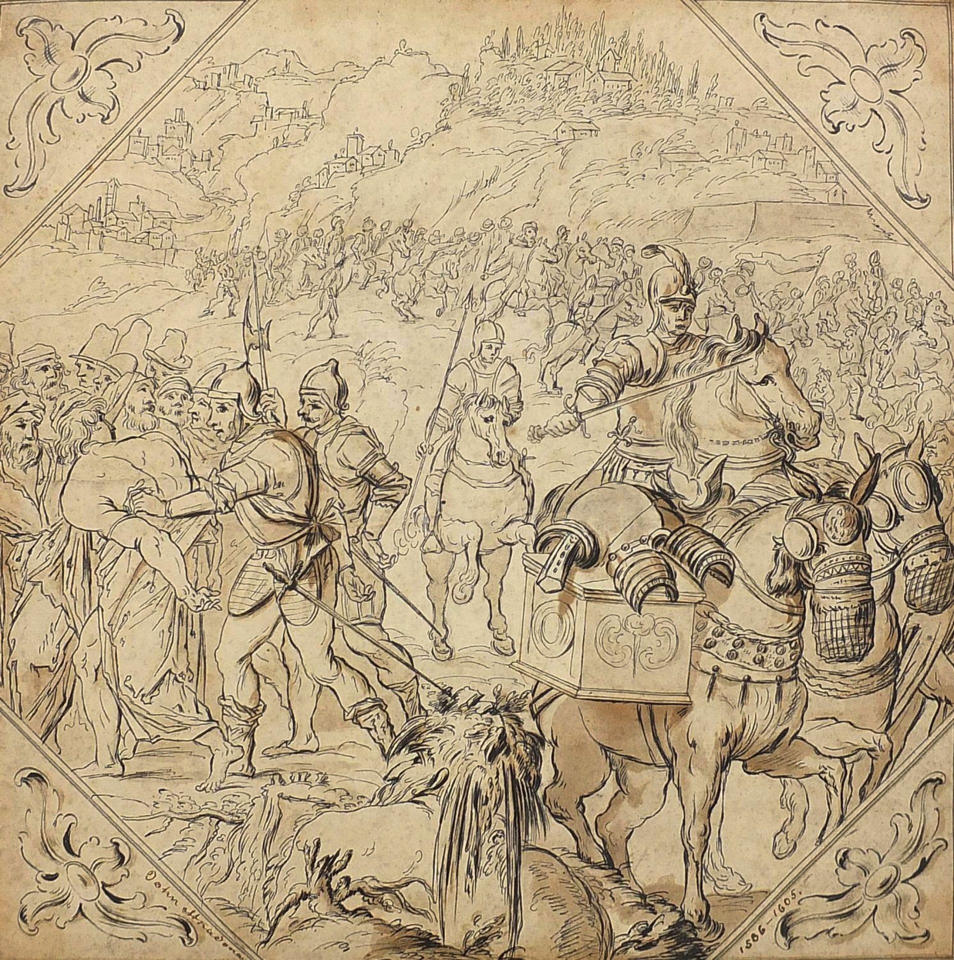 Manner of Jan van der Straet - Battle scene with figures on horseback wearing armour, antique