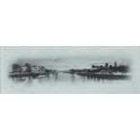 Darren Baker - Thames Panorama, charcoal, mounted, framed and glazed, 26cm x 9cm excluding the mount