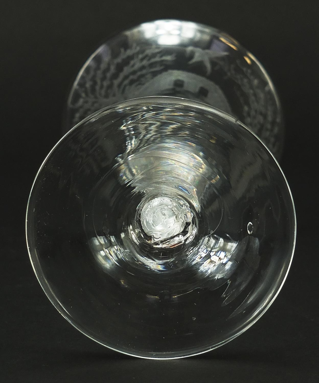 18th century wine glass with air twist stem and bell shaped bowl etched with figures beside a hut - Image 4 of 4