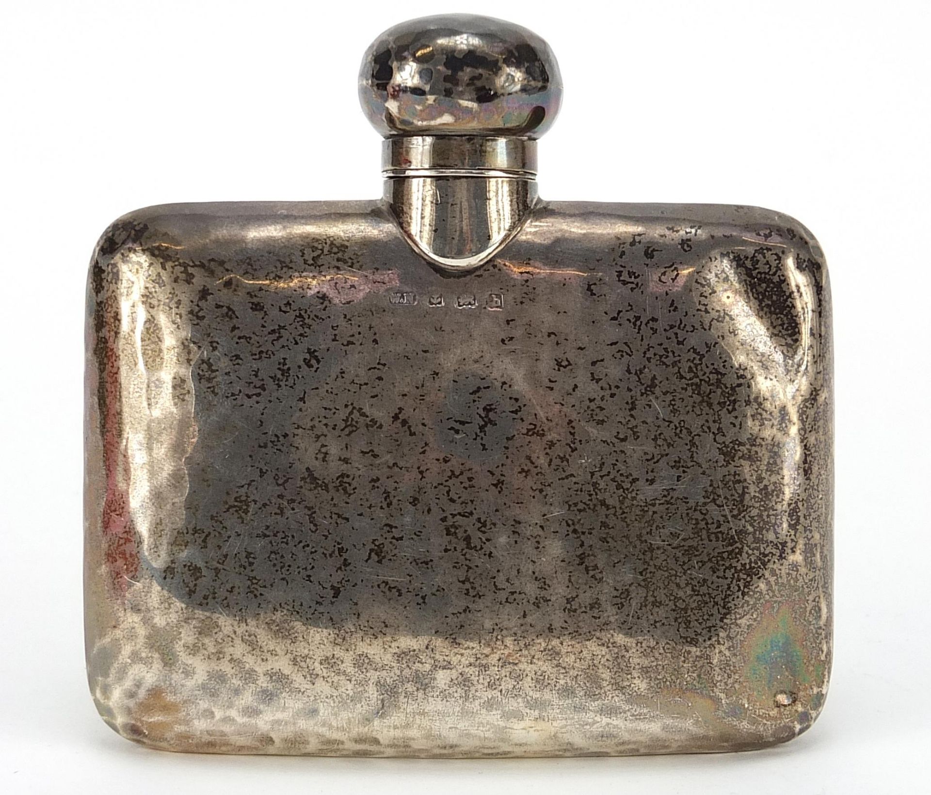 William Neal & Son, Edwardian silver hip flask with planished decoration, Birmingham 1907, 9.5cm