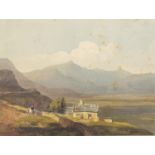 Manner of John Varley - Ffestiniog, Welsh mountain landscape with figure on horseback and cottage,