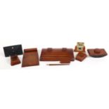 Art Deco Carvacraft butterscotch amber coloured Bakelite desk set comprising a double inkwell,