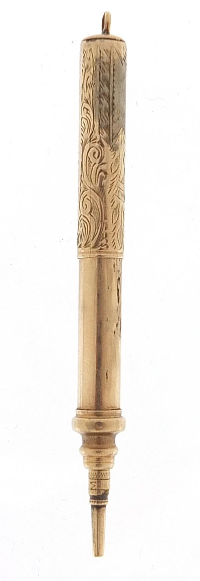 9ct gold propelling pencil with engraved decoration, 7cm in length extended, 6.3g - Image 2 of 2