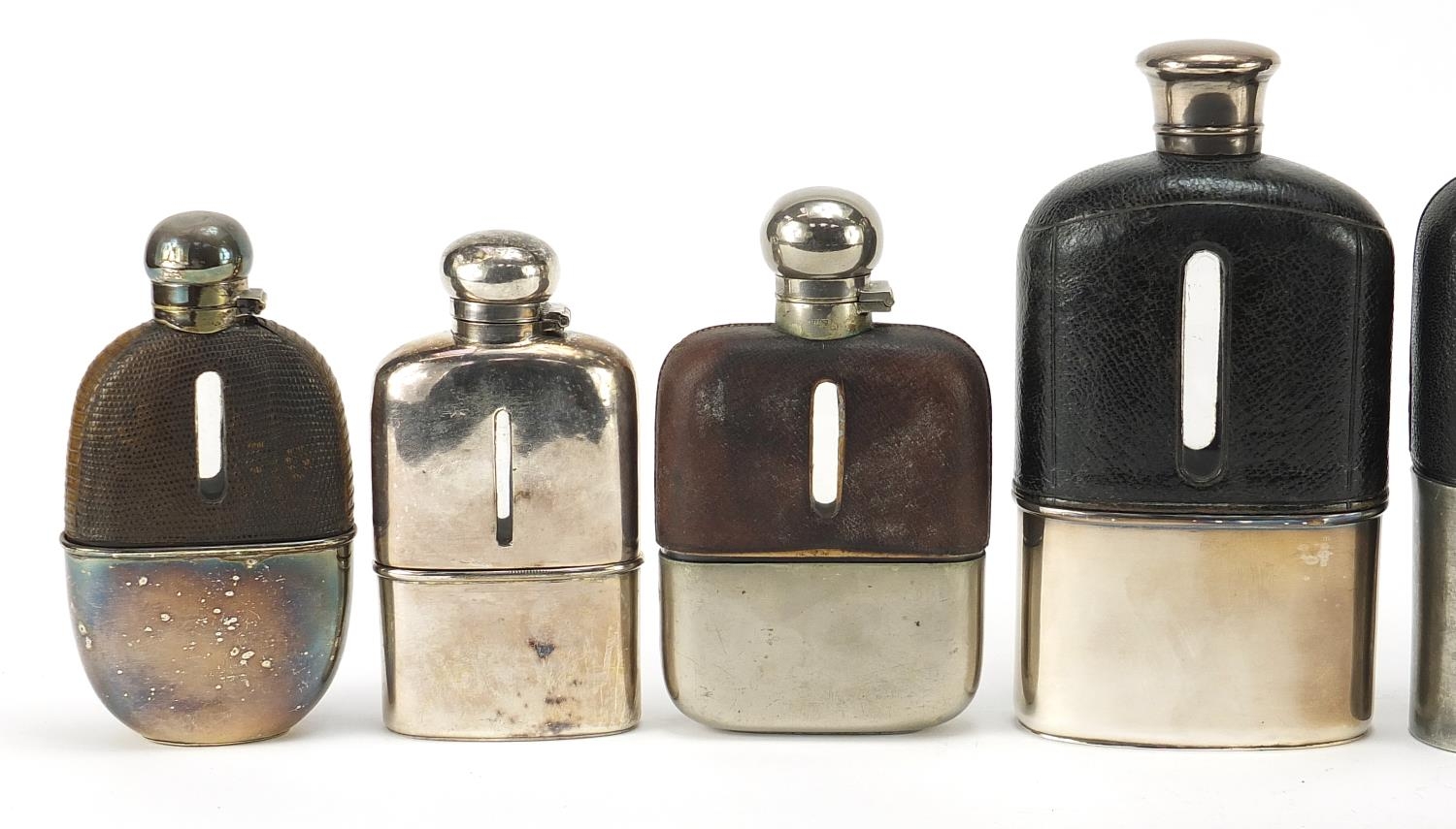 Six antique and later hip flasks, five with leather mounts, the largest 18cm high - Image 2 of 8