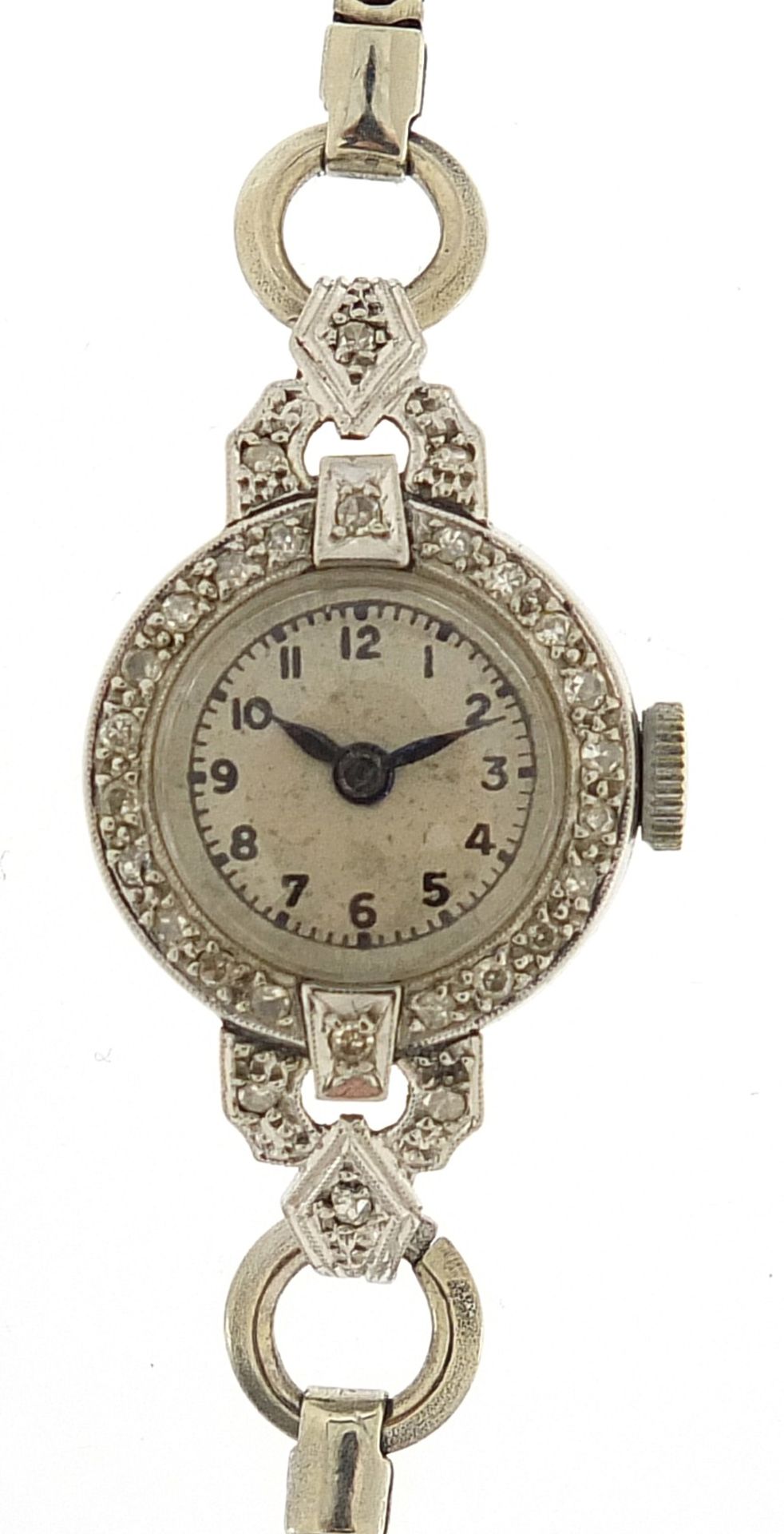 Art Deco ladies 18ct white gold and platinum diamond cocktail watch with white metal strap, 17mm