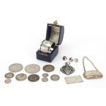 Silver objects, coins and jewellery including Maria Theresa thaler, masonic medal, claret decanter