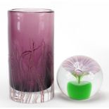 Beranek Czechoslovakian amethyst glass vase and paperweight signed Valner & Kouril, the vase 19cm