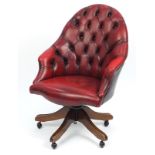 Mahogany framed high back captain's chair with oxblood leather button upholstery, 100cm high