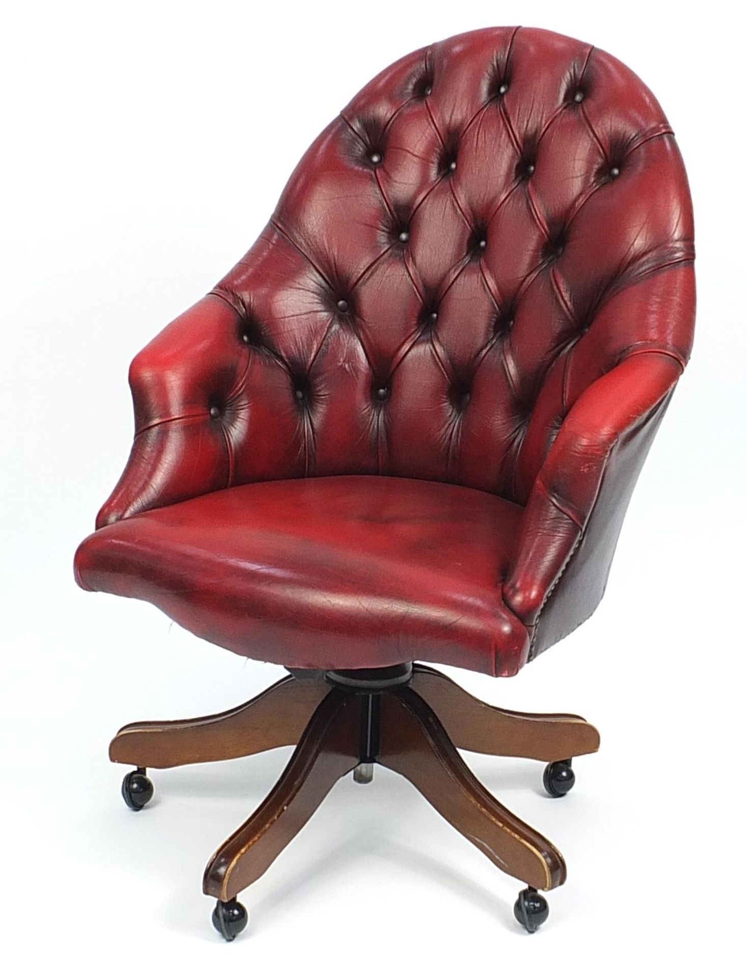 Mahogany framed high back captain's chair with oxblood leather button upholstery, 100cm high