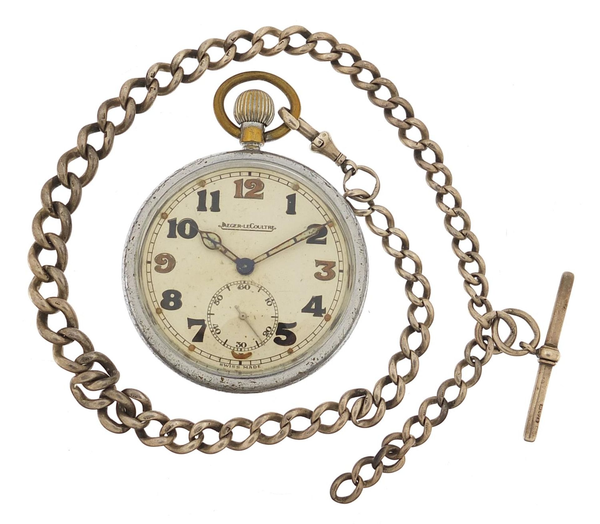 Jaeger Lecoultre, gentlemen's British Military issue open face pocket watch on a graduated silver