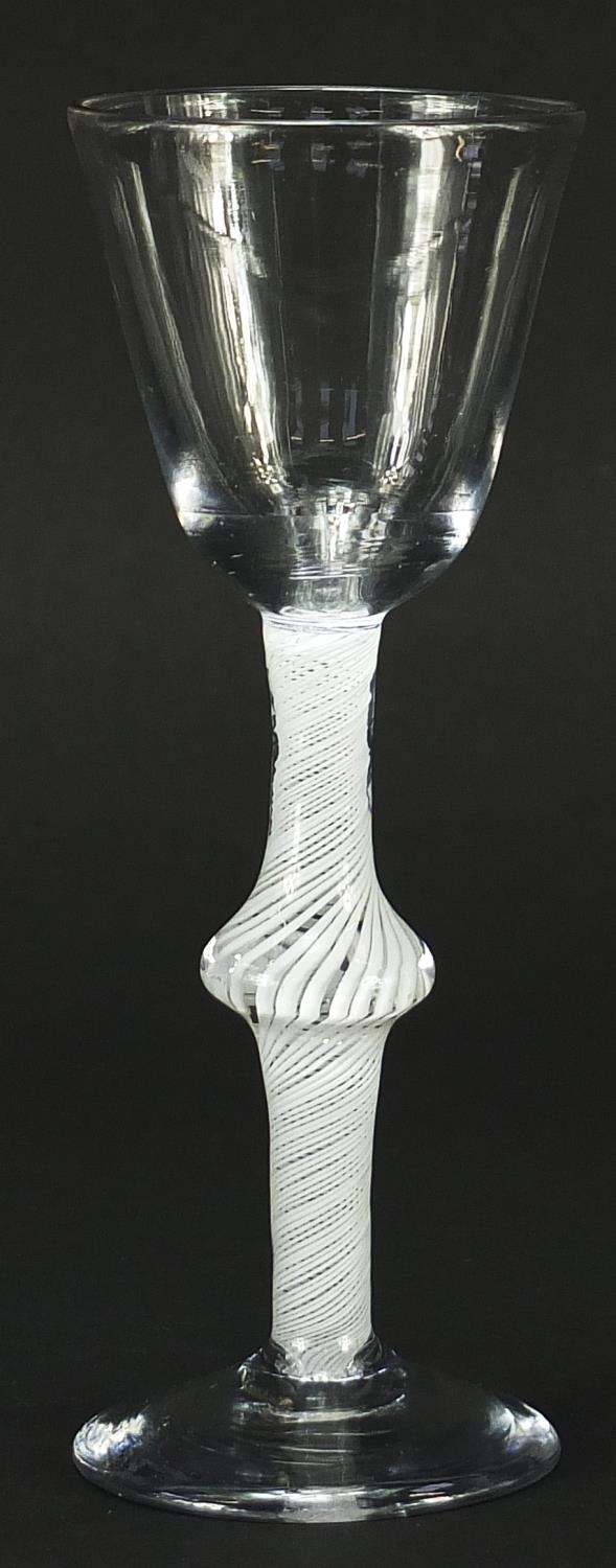 18th century wine glass having knopped stem with multiple opaque twists, 15.5cm high