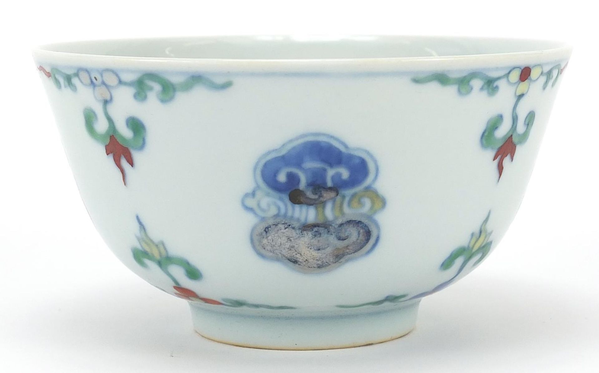 Chinese doucai porcelain bowl hand painted with flowers, six figure character marks to the base,