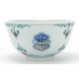 Chinese doucai porcelain bowl hand painted with flowers, six figure character marks to the base,