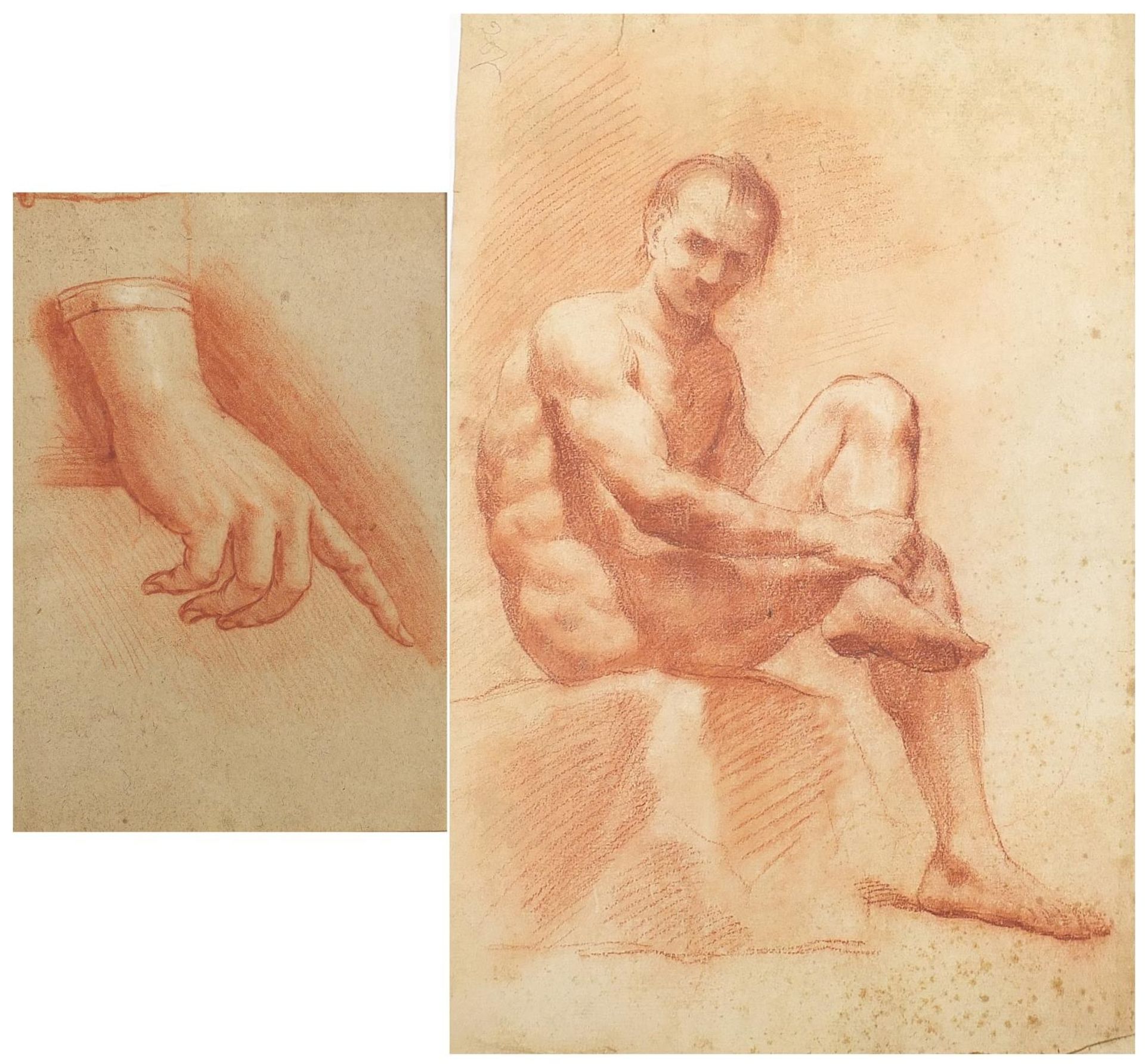 Seated nude man and study of a hand, two sanguine chalk drawings, unframed, the largest 43cm x 28cm