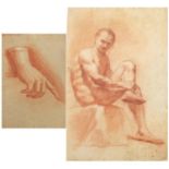Seated nude man and study of a hand, two sanguine chalk drawings, unframed, the largest 43cm x 28cm