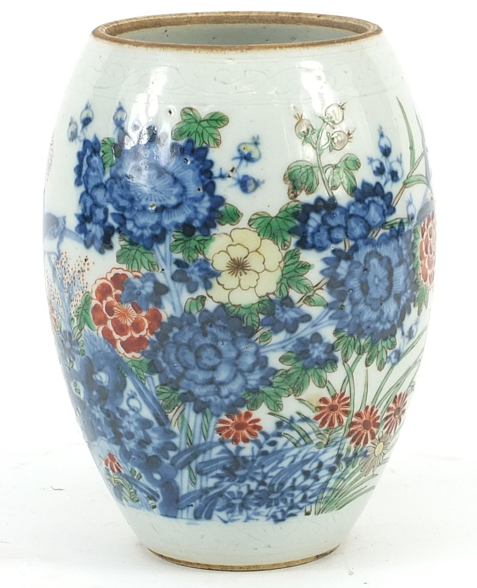 Chinese wucai porcelain vase hand painted with butterflies amongst flowers, 15cm high - Image 2 of 3