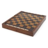 Victorian mahogany, rosewood and boxwood folding games board, 8cm high x 30.5cm W x 18cm D when