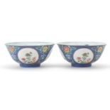 Pair of Chinese blue and white porcelain mauve ground bowls finely hand painted in the famille