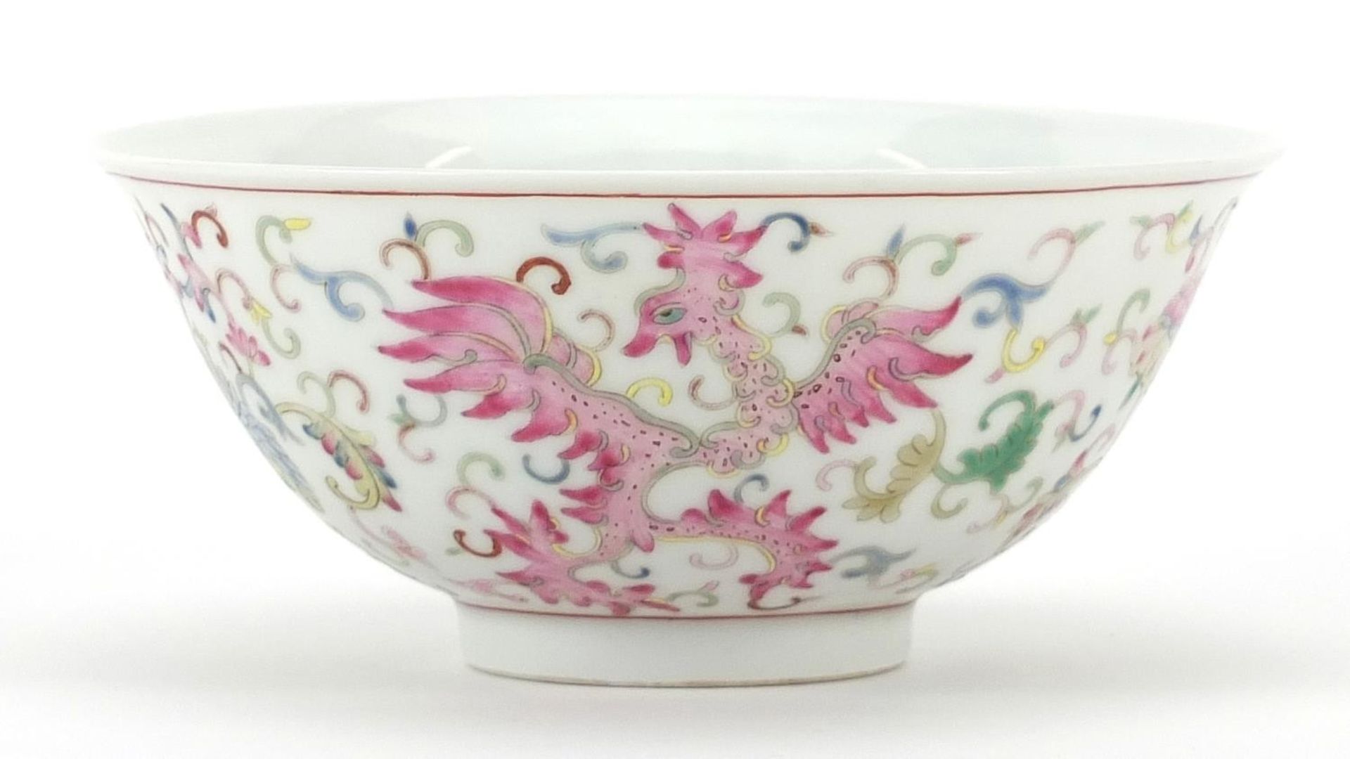 Chinese porcelain bowl hand painted in the famille rose palette with phoenixes amongst flowers and