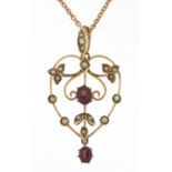 Art Nouveau 9ct gold garnet and seed pearl pendant on a 9ct gold necklace, 3.8cm high and 43cm in