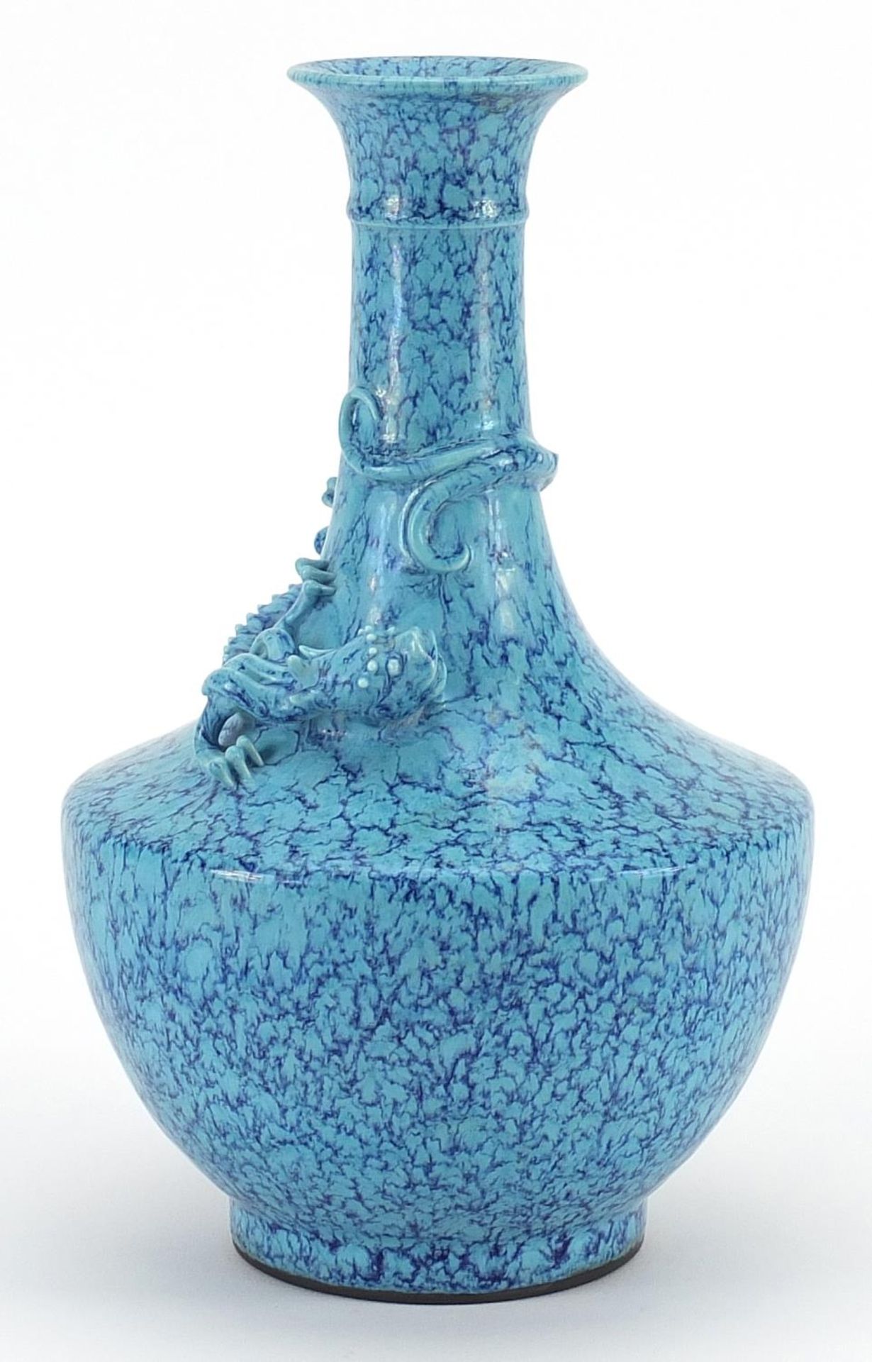 Chinese porcelain vase having a blue glaze decorated in relief with a water dragon, impressed six
