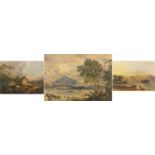 Mountainous landscapes with cattle and ruins, three 19th century watercolours on card, unframed, the