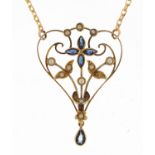 Art Nouveau 9ct gold sapphire and pearl pendant on a 9ct gold necklace, 3.8cm high and 42cm in