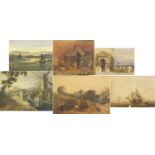 Landscapes, windmills and seascapes with boats, six 19th century and later watercolours, unframed,