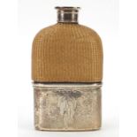 William Neal, Victorian silver, wicker and glass hip flask, the detachable cup engraved with hunting