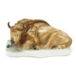 Zsolnay Pecs, Hungarian porcelain recumbent bison, 20cm in length